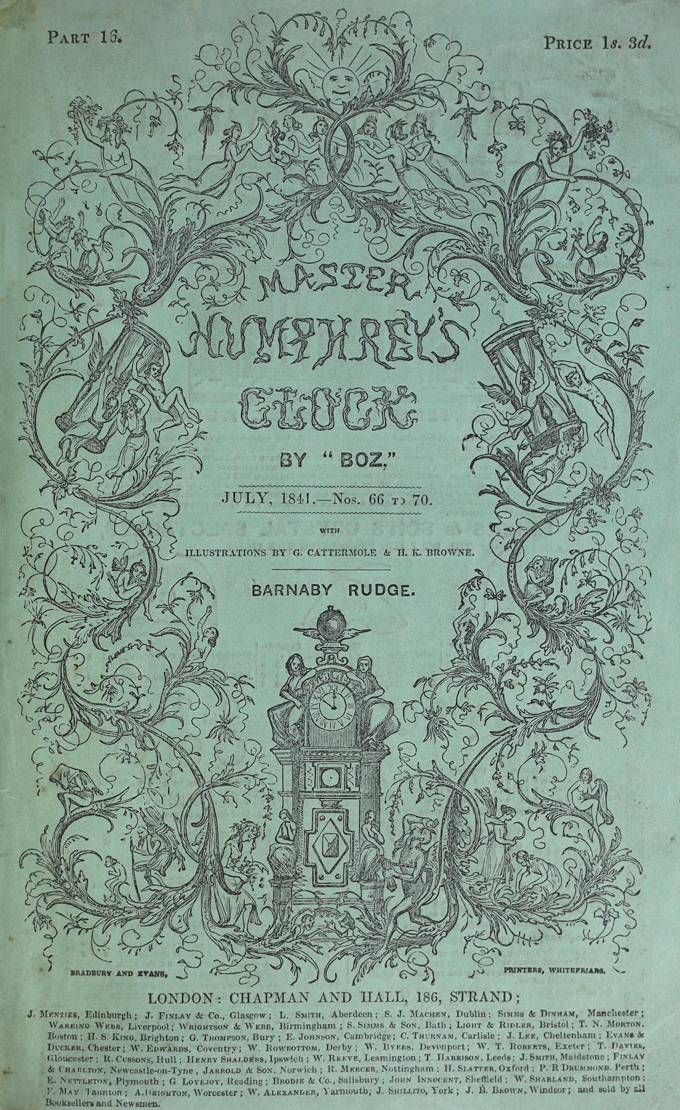 Dickens, Charles - Master Humphrey’s Clock, 1st edition in book form, 3 vols, 8vo, later quarter calf with marbled boards, renewed end papers, illustrated by George Cattermole and Halbot K. Browne (‘’Phiz’’), front page